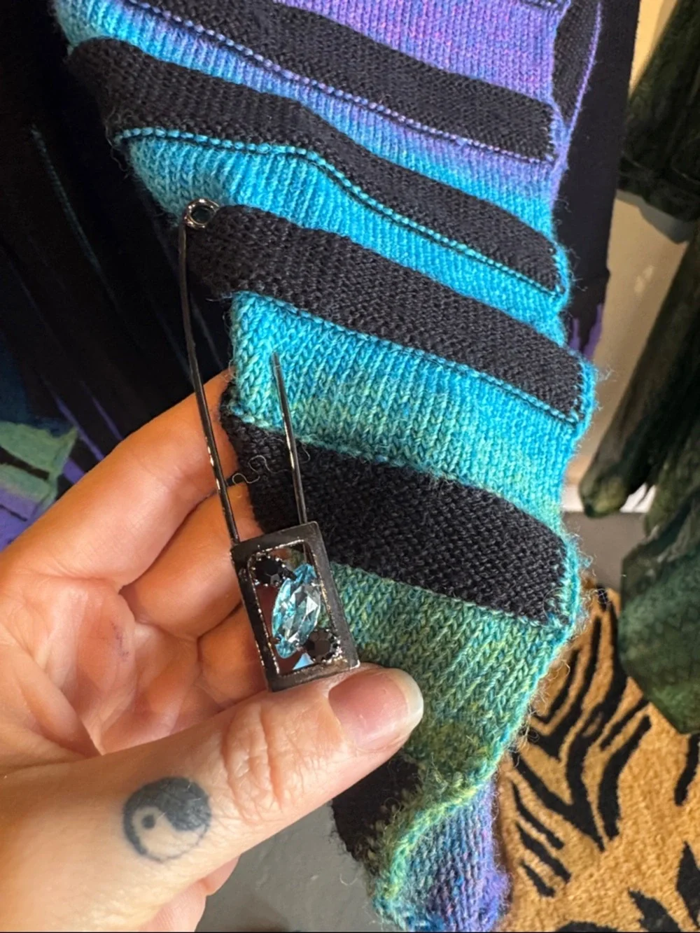 Y2K Open-Front Striped Sweater Cardigan in Blue/Green/Purple - Picture 5 of 7